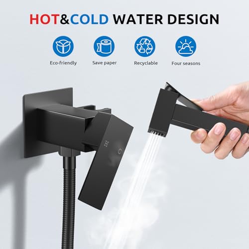Image of Arofa Warm Water Bidet Sprayer for Toilet with Hot and Cold Rough-in Valve, Hands-Free Handheld Jet Spray with Adjustable Water Flow, Black Square Toilet Sprayer with Bidet Hose for Feminine Wash