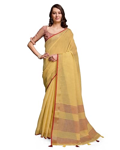 Image of SWORNOF Women's Linen Cotton Silk Saree with Unstitched Blouse Piece | Saree for Women | Saree with Blouse Piece | Soft and Skin Friendly