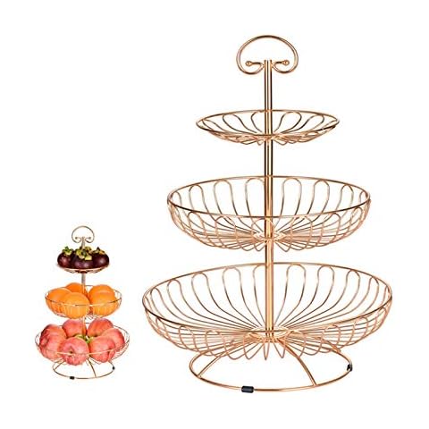 MINIDUO 3 Tier Fruit Basket - Metal Wire Basket Fruit Bowl Three Tier Bread Baskets Stand Holder for Storing & Organizing Vegetables, Eggs, Breads and Snacks with Hanging Hook-rose gold Cover