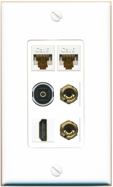 RiteAV 1 Speaker 2 Banana Binding Post Wall Plate 2 Cat6 1 x Toslink Optical and HDMI - 1 Gang Decorative [Stainless/White]