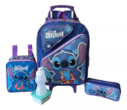 Kit Mochila Escolar Stitch Aloha Azul 3b G Rodinhas