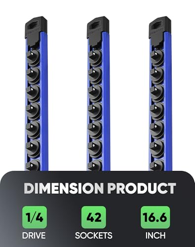 Image of ALOANES Magnetic Socket Organizer Set, 3-Piece Heavy Duty Aluminum Socket Rails, 360 Swivel Clips Socket Rail Kit for Tool Tray Drawer Fit 1 /4-Inch x 42 Clips (Blue, 3PC)