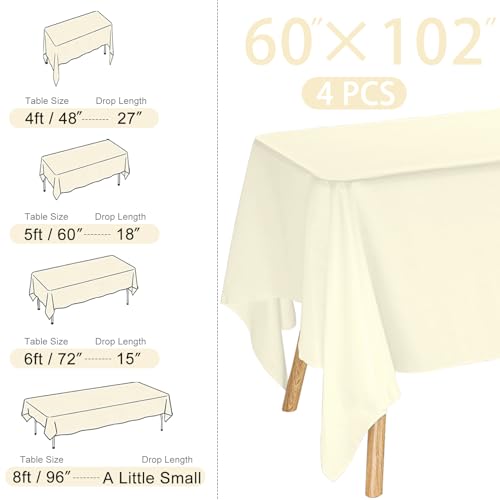 Image of 4 Pack Rectangle Tablecloth for 6 Foot Tables Washable Polyester Table Cover for Wedding Dining Table Parties Banquet(60x102 Beige)