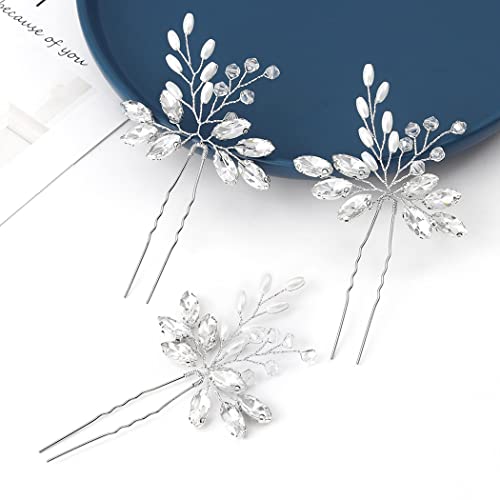 IYOU Bridal Wedding Hair Pins Sliver Sparkly Rhinestones Headpiece Pearl Crystal Bride Hair Accessories for Women (3 Pcs) - Image 4