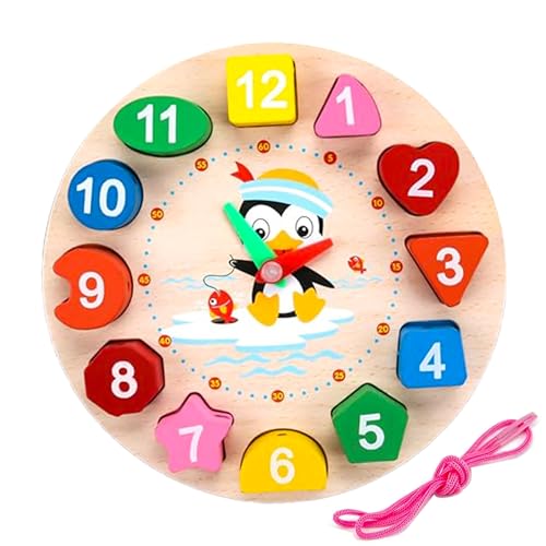Image of WISHKEY Wooden Learning Clock with Bead Lace, Educational Digital Analog Numbers, Shape & Color Learning Montessori Toy for Kids (Pack of 1, Multicolor)