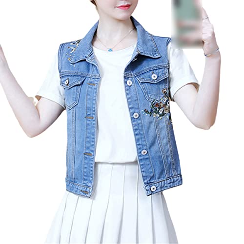 Débardeur en denim brodé floral femme haut sans manches jean bleu rétro taille S