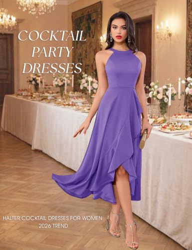 Image of Dressystar Womens 2026 Halter Slit Ruffle Wedding Guest Party Dress Elegant Maxi Long Sleeveless Formal Prom Cocktail Dresses