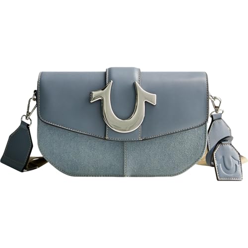 True Religion Saddle Bag, Women's Denim and Faux Leather Crossbody Purse with Adjustable Shoulder Strap, Blue, One Size