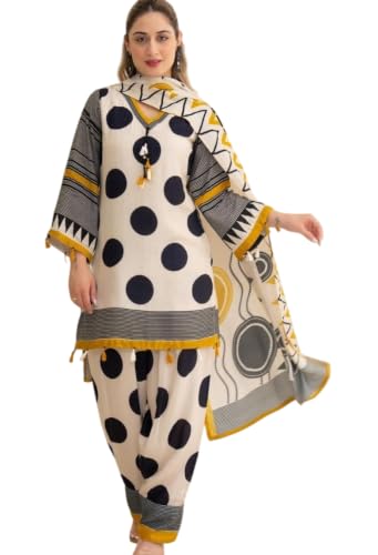 Image of Women's Pure Cotton 60-60 Printed Short Anarkali Kurta, Pant, and Dupatta Set with Front Dori and Heavy Tassels (Polka Dot Black & Cream)