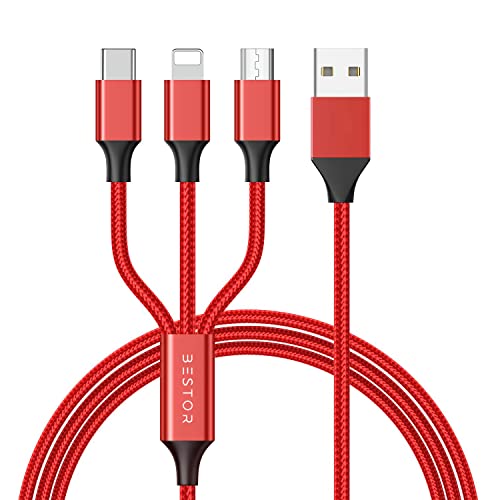 Image of BESTOR 3-in-1 Multi Charging Cable - Nylon Braided Fast Charging Cable for Android, iOS, Type-C Devices - Compatible with Smartphones & Tablets (Red)
