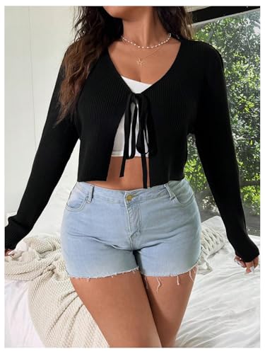 Image of Floerns Women's Tie Front Long Sleeve Rib Knit Shrug Sweaters Cardigan Crop Top Black 2XL