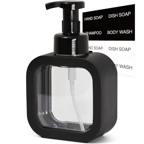 SVLX YIXVN Foaming Soap Dispenser 300ml (10oz) Plastic Refillable Foaming Hand Soap Dispenser with 8 Pcs Waterproof Labels Foam Pump Bottle for Bathroom and Kitchen (Black)