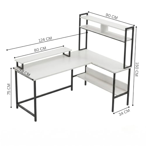Image of TEKAVO Tonny L Shape Table for Home Office, Computer Table for Home Pc, L Shaped Office Table, Gaming Work Desk | with Book Shelf + Monitor Riser, White Wood, Metal (124 x 48 x 75 Cm) | DIY