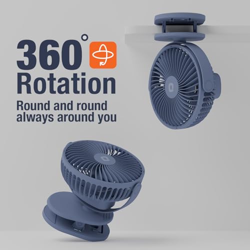 Image of Orient Electric Orbis Rechargeable Personal Fan | 360 Rotation | 1800 mAh Battery | 4 Speed Modes with Timer | Quiet Operation | USB Type-C Charging | Clip-On Mini Fan | Dusk Blue