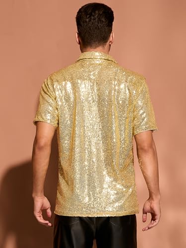 Lars Amadeus Sequin Shirts for Men's Glitter 70s Disco Shirt Button Down Short Sleeve Metallic Tops3