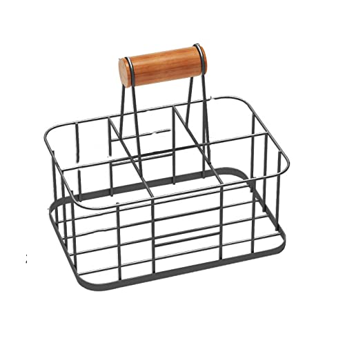 Portabebidas de acero al carbono para 6 botellas con mango de madera, perfecto para vino, cerveza, champán y botellas de leche, esencial para fiestas