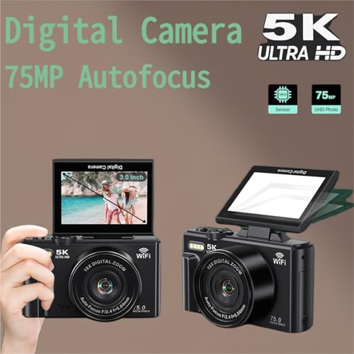 Appareil photo numérique 5K et caméra vlogging 75MP WD08 avec objectif et carte 64Go