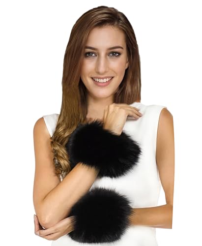 Lina & Lily Womens Winter Wrist Cuffs Warmers Faux Fur Fluffy (Black)