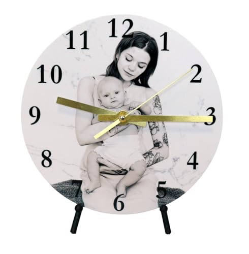 Personalised Photo Wall Clock with Marble Effect Background, Round White Face, Gold Hands, Black Numbers, 20cm, Modern Style, Decorative Stand Option