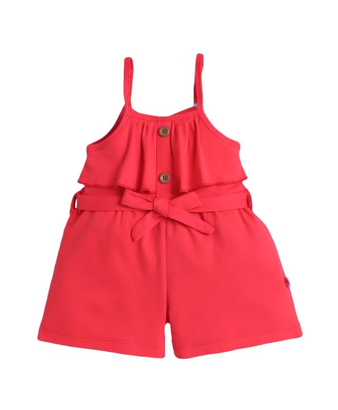 Image of BUMZEE Baby Girls Regular Fit Sleeveless Square Neck Cotton Above Knee Jumpsuit With Belt