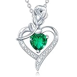 AGVANA May Birthstone Jewelry Emerald Necklace for Women Sterling Silver Rose Flower Heart Pendant Necklace Fine Jewelry Anniversary Birthday Gifts for Women Mom Wife Lady Her
