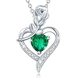 AGVANA May Birthstone Jewelry Emerald Necklace Mothers Day Gifts for Mom Sterling Silver Rose Flower Heart Pendant Necklace Fine Jewelry Anniversary Birthday Gifts for Women Girls Mom Wife Lady Her