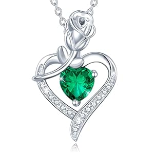AGVANA May Birthstone Jewelry Emerald Necklace Christmas Gifts for Women Sterling Silver Rose Flower Heart Pendant Necklace Fine Jewelry Anniversary Birthday Gifts for Women Girls Mom Wife Lady Her