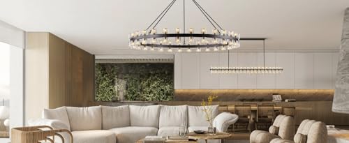 Image of 60 Inch Black Wagon Wheel Chandelier with Crystal Shade, 60 Lights, Modern Farmhouse Style, Ideal for Dining Room, Kitchen, Entryways