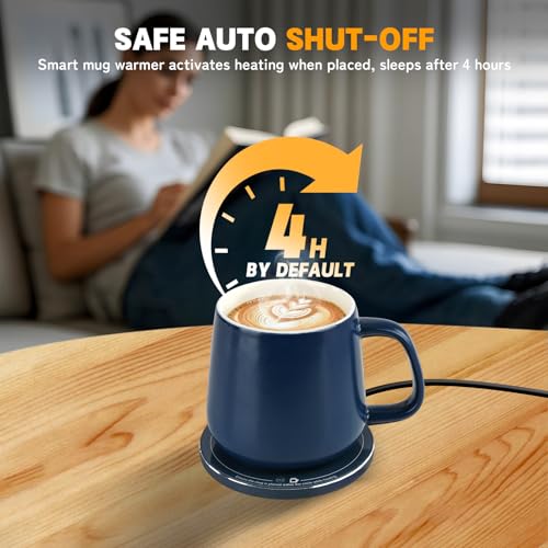 USBERG Smart-Warming Ceramic Mug & 15W Wireless Charger Combo - Auto Temperature Control 131°F/55°C, USB-C Fast Charging Base, 12.8oz Capacity, Splash-Proof Lid (Navy Blue)