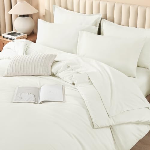 Image of Litanika Super King Plus Comforter Sets Ivory - 7 Pieces Bed in a Bag Beddding Sets, Solid Lightweight Bed Set with Comforter, Sheets, Pillowcases & Shams