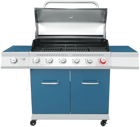 Royal Gourmet GA6402B 6 Burner Propane Gas Grill with Side Burner and Warming Rack, 74,000 BTUs, Cabinet Style Gas BBQ Grill for Barbecue Grilling & Backyard Cooking, Blue