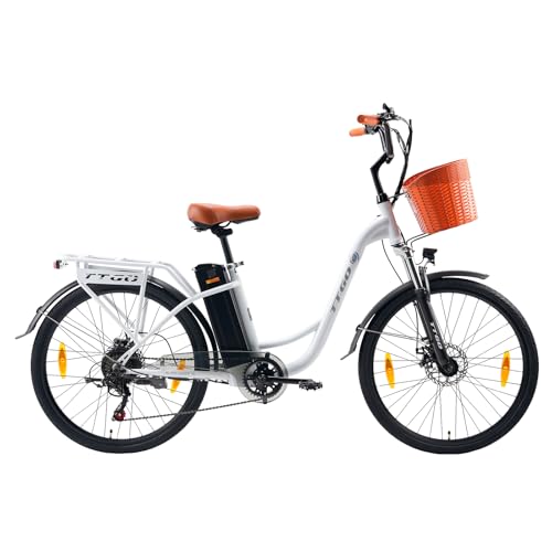 ttgo YY-26ST E-Bike 26 Zoll für Damen & Herren, Pedelec mit 36V 250W Heckmotor, bis 55–75 km Reichweite, mechanische Scheibenbremse, StVZO, City Elektrofahrrad mit Korb & Licht (Weiß)