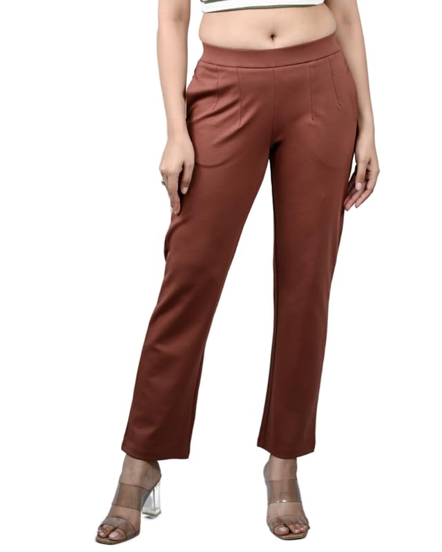 Image of Mlada Straight Fit Cigarette Pencil Pants Elastic Waist Band Mid High Waist Formal Office Trousers for Women, Pockets for Travel Stretch Cotton Knit Full Length Regular /Plus Size