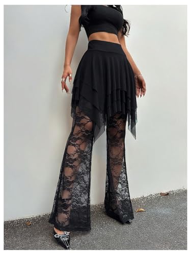 Verdusa Women's Plus Size Lace Floral Flare Pants Mesh Sheer Flowy Rave Trousers3