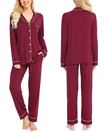 Image of SWOMOG Womens Pajamas Set Long Sleeve Sleepwear Button Down Nightwear Soft Cotton Pj Lounge Sets