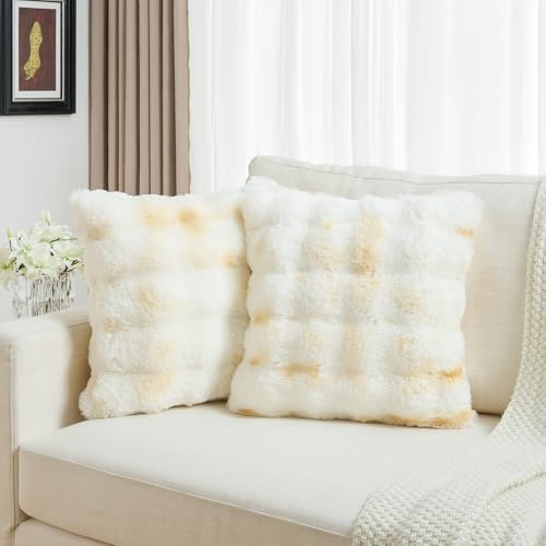 FUTEI Yellow White Decorative Throw Pillow Covers 22x22 Inch Set of 2,Soft Fuzzy Faux Rabbit Fur Cushion Covers with Raised Texture,Neutral Boho Home Decor for Couch Bed Living Room