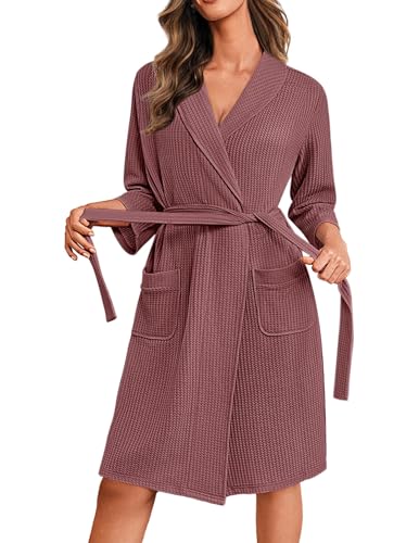 Ekouaer Robes for Women Waffle Knit Bathrobe Lightweight Kimono Robe Knee Length Loungewear with Pockets Gray Purple L