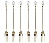 Gold Flatware Set 6-Pc. Dessert Demi Forks, 24 Karat Plated Stainless Steel with Clear Crystal Tip, 6