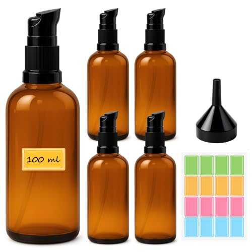 Maxumille 100ml Leer Glasflaschen Braun mit Aufkleber Trichter, 5 Stück Bernsteinfarbene Glas-Lotion-Flaschen mit Pumpspender, Lotionspender Braunglas Flasche mit Pumpe für Ätherisches Öle Handcreme