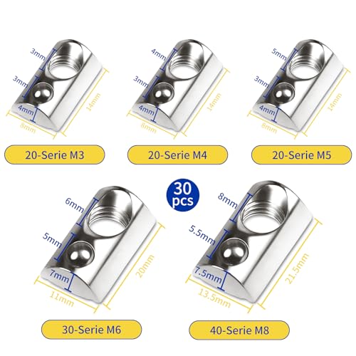 30 Stück Nutensteine M8 mit Zentrierung Kugel Nut 8 T Nutsteine Schrauben Set 40-Serie M8 Aluprofil 40x40 Kohlenstoffstahl Gleitmutter mit Federkugel für Alu C Profil 3D Drucker CNC, Europanorm