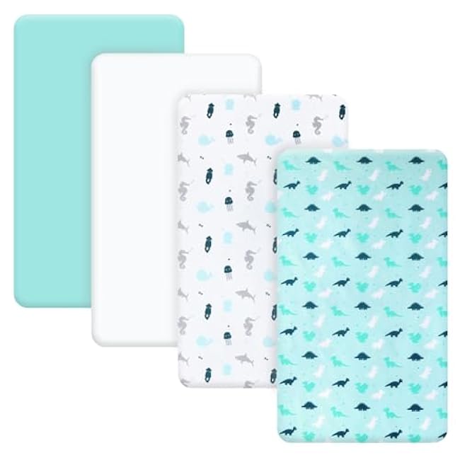 4 Pack Pack and Play Fitted Sheets, 27 x 39, Compatible with Graco Pack n Play Playard, Pamo Babe Portable, and AirClub Bassinet Bedside Sleeper, Ultra Soft and Skin-Friendly, Aqua