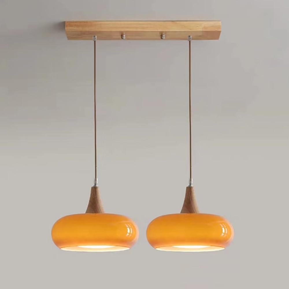 RXPVUXE Orange Glass Hanging Light Gradient Design Nordic Pendant Lighting Fixture Kitchen Island, Mid Century Vintage Drum Pendant Chandeliers Adjustable Wood Ceiling Lights For Bedroom, E27