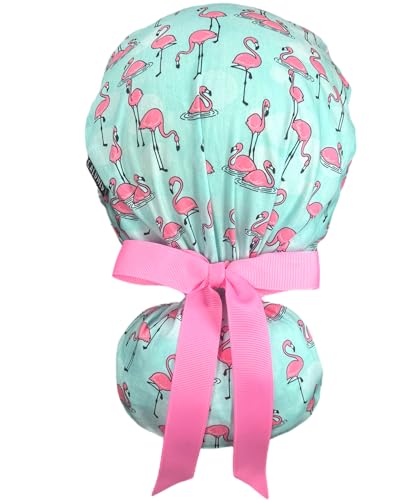 Image of Scrub Cap for Women and Men, Ponytail Scrub Caps, Working Hat, Head Cover with Ribbon Ties and Buttons, Long Hair