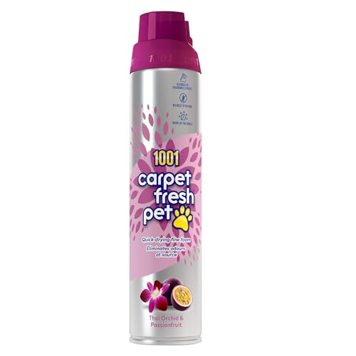 1001 Carpet Fresh for Pet Odour Thai Orchid & Passionfruit 300ml Pet Odour Remover Foam Carpet Rug & Upholstery Freshener Quick Drying Fine Foam No Need to Hoover WoolSafe Approved