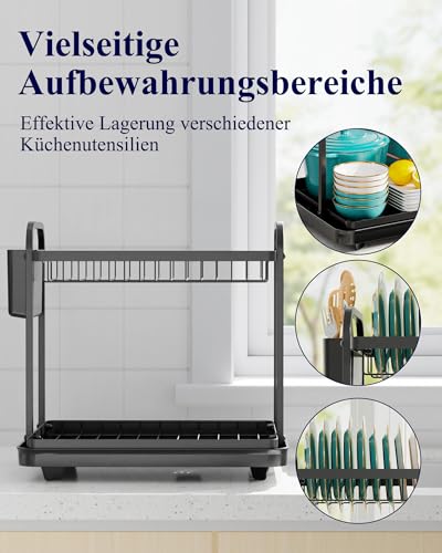 Kitsure Abtropfgestell Geschirr, Abtropfgestell, Geschirrständer für die Küchentheke, langlebiger Küchen-Trockenständer aus Edelstahl mit Besteckhalter, Trockenständer für Geschirr, 2-Tiers