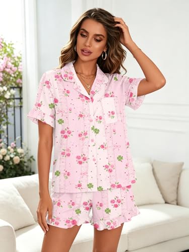 Image of SWOMOG Woman Pajama Set Short Sleeve Pjs Set 2Pcs Short Pajamas Button Down Ruffle Hem Sleepwear Soft Modal Loungewear