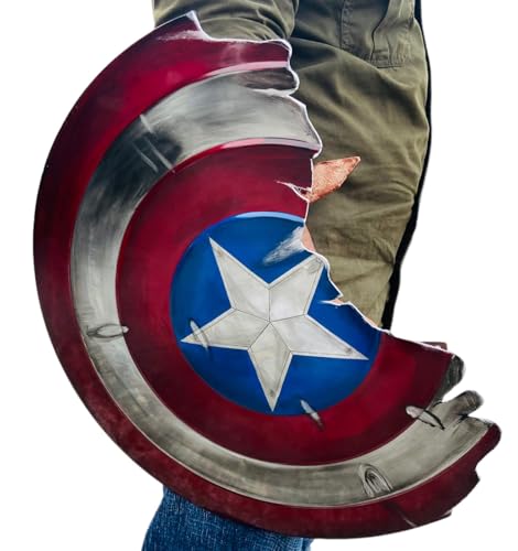Captain Broken America Shield - Medieval Damaged Captain Shield - Metal Replica Adult America Shield for Halloween, Cosplay, Role-Play and Theater Play Captain Real Shield Cosplay Party Props, Red,