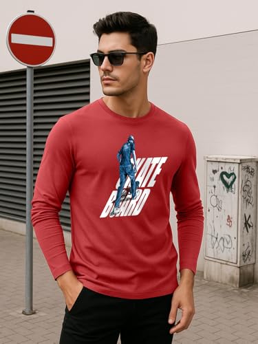 Image of Veirdo Pure Cotton Round Neck Regular Fit Graphic Printed Full Sleeve T-Shirt for Men (Colors- Red, Navy, Black, Swanwhite & White) Sizes: S to 2XL