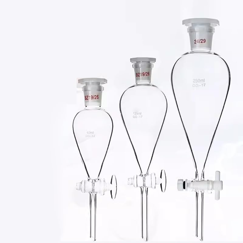 30ml to 1000ml Glass Pear-Shaped Separation Funnel with Glass and PTFE Piston - Ideal for Laboratory Use(500ml (Glass Piston))