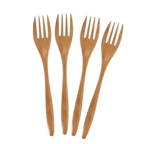 FONDOTIN 4pcs Handheld Wooden Fork Wear Resistant Salad Cooking Utensils Portable Frying Forks for Home Kitchen Buffet Use Comfortable Design Long